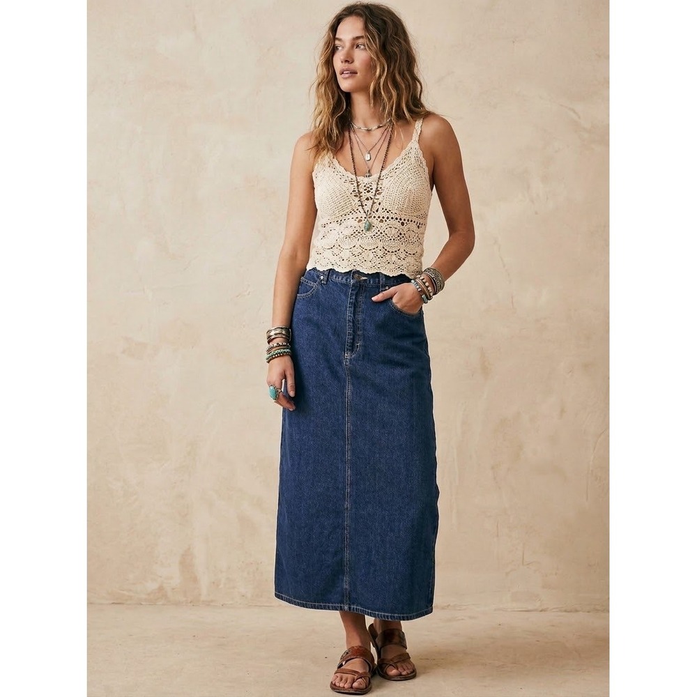 Vintage Liz Claiborne Lizwear Petite Denim Maxi Skirt Blue High Waist Firstq 6